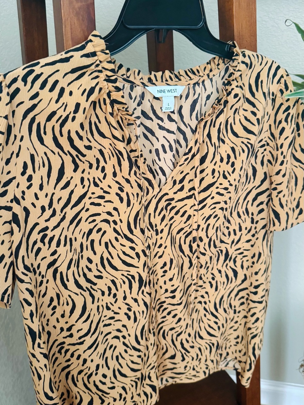Nine West Tan and Black Animal-Print Short Sleeve Top